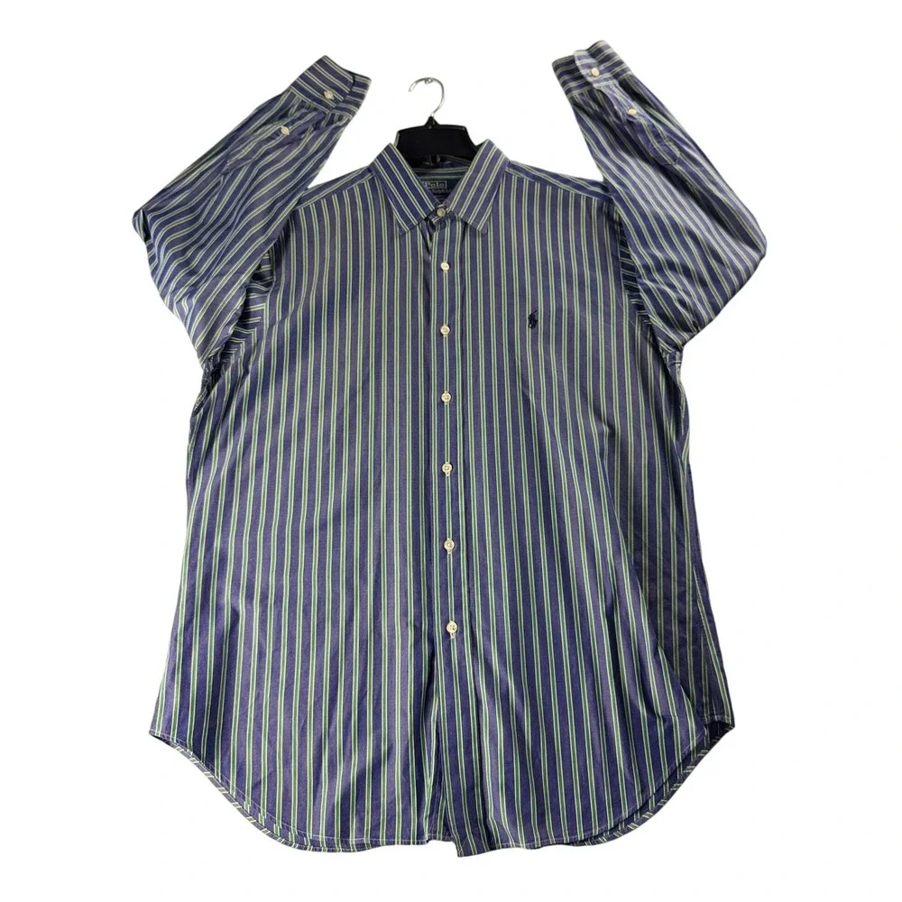 Polo Ralph Lauren Andrew Shirt Mens 16 32/33 Blue Green Striped Cotton Button Up